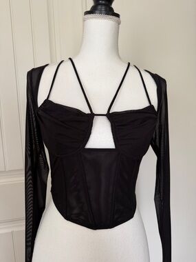 Fashion Nova Black Strappy Mesh Corset-Style Crop Top